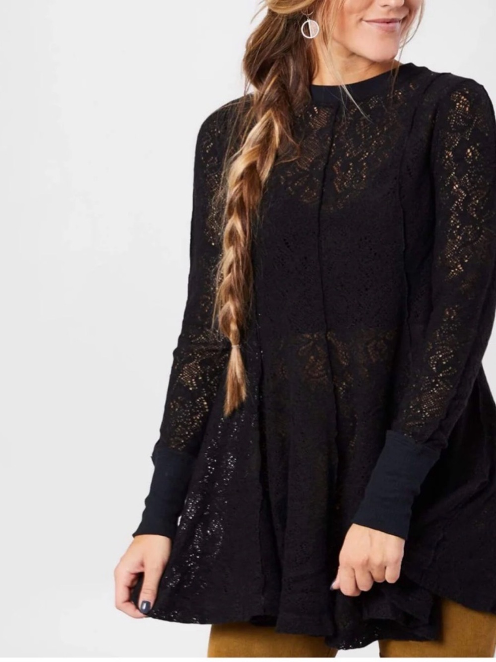 NWOT FREE PEOPLE BLACK COFFEE IN THE MORNING LACE TUNIC XS